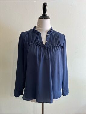 J. Crew Navy Pintuck Ruffle-Trim Blouse